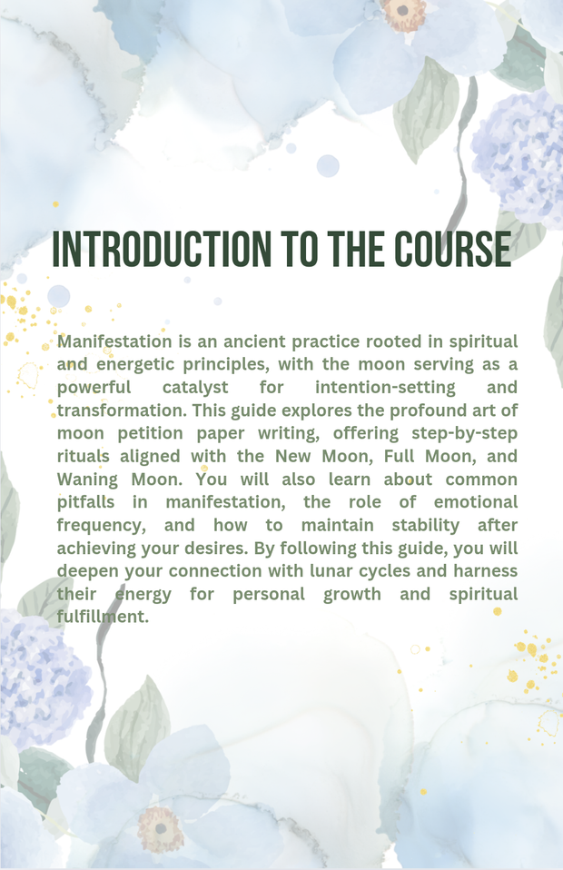 Prisma-Moon Manifestation ebook and journal cover with floral design and course introduction text.