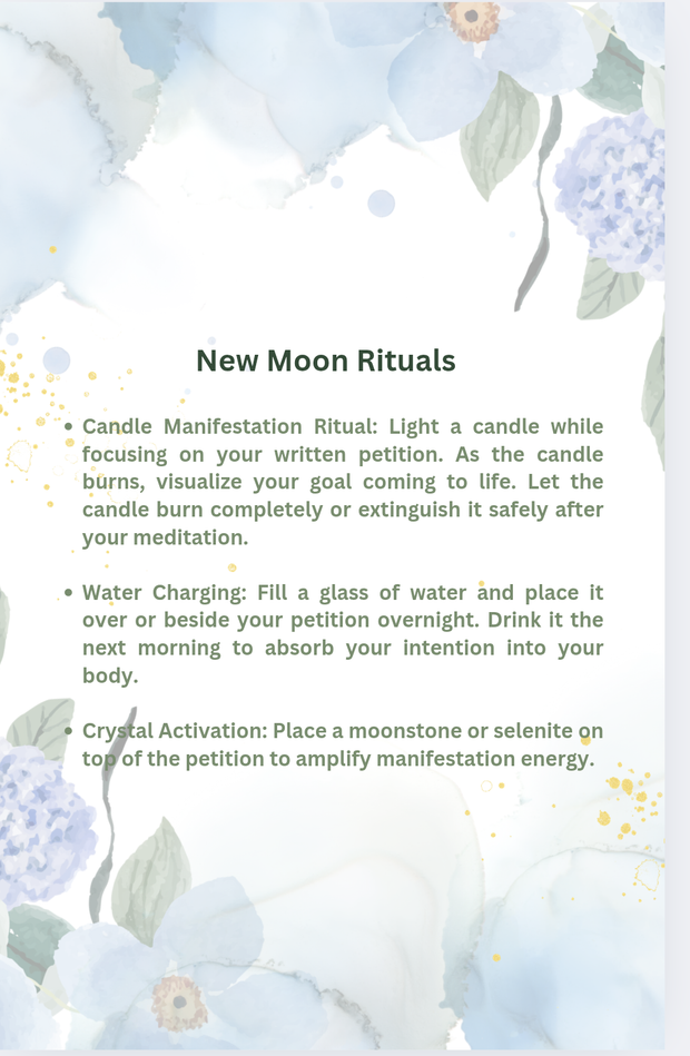 Prisma-Moon Manifestation ebook with new moon rituals and petition paper writing guide.
