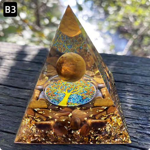 Prisma Calming Energy Pyramid 6CM on rustic wood, enhances tranquility and stress relief.