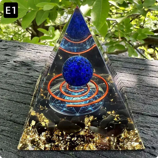 Prisma Calming Energy Pyramid 6CM with crystals on rustic wooden surface.