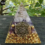 Prisma Calming Energy Pyramid 6CM with crystals on a wooden surface, enhancing relaxation and stress reduction.