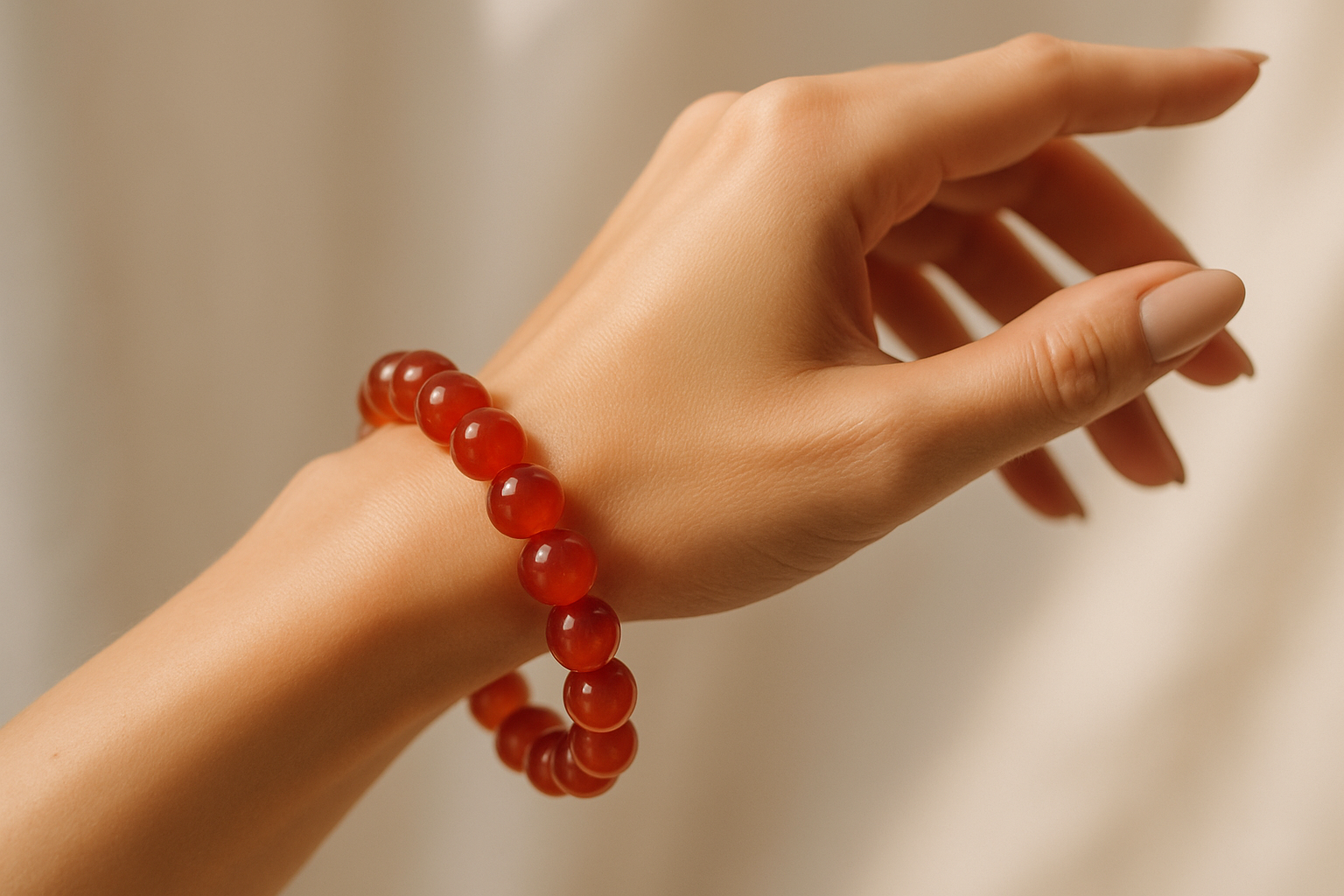 Carnelian Bracelet (8mm) in female hand aesthetic