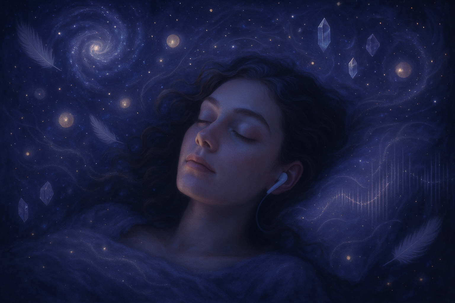 deep sleep of a women listening subliminal and background is like mystical aesthetic image